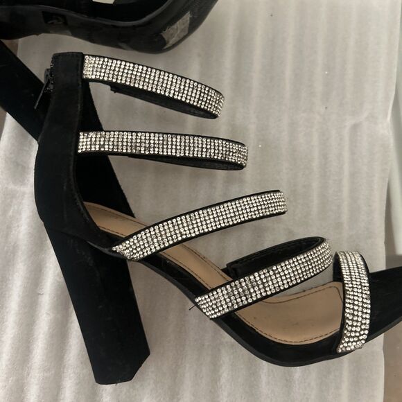 Bamboo Black Rhinestone Ankle Strap Heels Sz 10 READ Damage - Picture 8 of 10